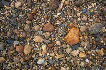 Dry land with stones.Top view of dirt road fragment, Abstract natural textured background. Stones and pebbles on the ground