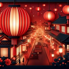 chinese new year lanterns, Red Lantern Glowing on a Bustling Night Market Street Vector Design Illustration for Background design with space for copy Chinese new year festival generative ai	