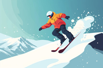 skier on the slope on mountains,  flat minimalistic illustration