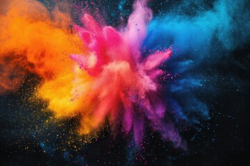 Indian Holi festival color powder explosion on black background.