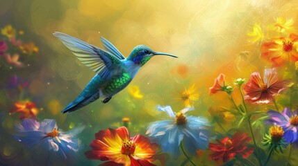  a painting of a hummingbird flying over a field of wildflowers and daisies with the sun shining through the wings of the wings of the hummingbird.