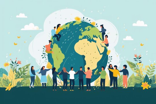 Illustration of earth being hugged by people on earth day.