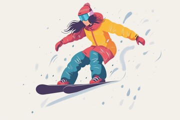 woman skiing on the slope, flat minimalistic illustration