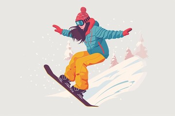 snowboarder woman jumping on the slope, flat illustration in colours yellow, pink and blue.