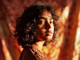 Fototapeta premium Photorealistic Teen Indian Woman with Brown Curly Hair vintage Illustration. Portrait of a person in 1970s era aesthetics. Disco fashion. Historic photo Ai Generated Horizontal Illustration.