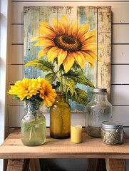 Retro Sunflower Canvas Art in Rustic Farmhouse Style: Bright Flower Pieces for a Vibrant D�cor