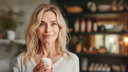 beautiful middle-aged adult woman with face and skin cream in her hands, taking care of the skin and preventing aging, fighting wrinkles - obrazy, fototapety, plakaty