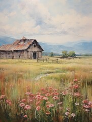 Rustic Barn and Farmland Views Art Print - Vintage Cottage Field Painting