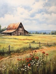Rustic Barn and Farmland Views: Vintage Cottage Field Painting - Art Print