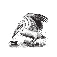 Hand Drawn Illustration of a Pelycan drinking water