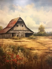 Poster de jardin  Rustic Barn Views: Vintage Painting of Farmland with Grainery Glow  © Michael