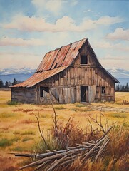 Obraz premium Rustic Barn and Farmland Views: Vintage Cottage Wall Art and Countryside Painting