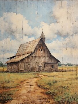 Rustic Barn and Farmland Views: Vintage Cottage Scene Wall Art, Captivating Rustic Painting