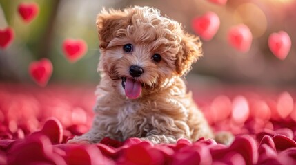 Fluffy Puppy Amidst Red Hearts - Joyful Canine on Soft Pink Background, Valentine's Day Concept