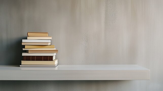 A stack of books on a book shelf, minimal contemporary interior design, space for copy text 