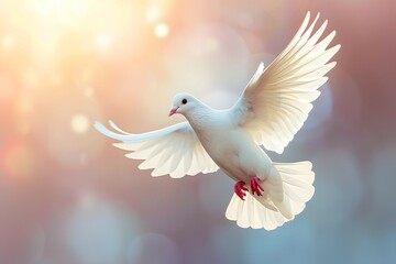 a dove in mid-flight, bathed in ethereal light - obrazy, fototapety, plakaty