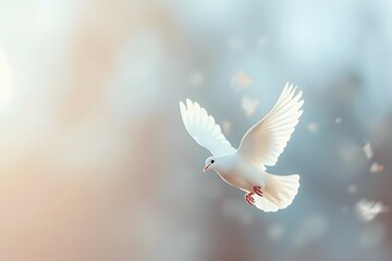 a dove in mid-flight, bathed in ethereal light