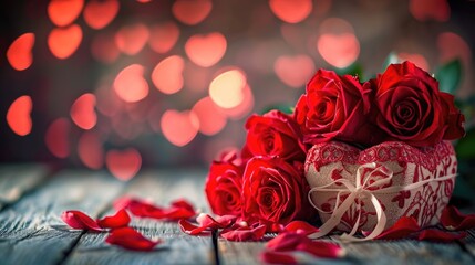 Roses and Heart Box in Romantic Setting - Dreamy Bokeh Lights, Valentine's Day Concept