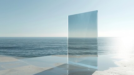  a glass block sitting on top of a beach next to a body of water with the sun shining on the water and the ocean in the distance is a clear blue sky.