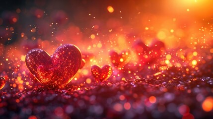 Ethereal Floating Hearts Landscape - Dreamy Red and Orange Ambiance, Valentine's Day Concept