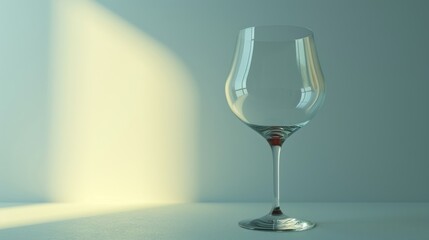 Fototapeta premium a close up of a wine glass on a table with a shadow of a light coming from the back of the glass and a shadow of a wall behind it.