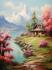 Time-honored Lake and Hill: Vintage Art Landscape with Serene Side Cottage