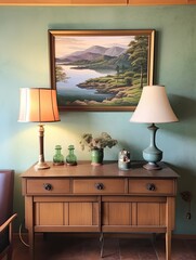 Vintage Painting of a Time-Honored Lake Cottage with Lakeside Charm, Set amidst Hills