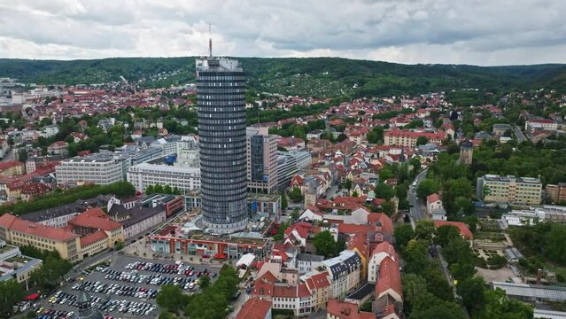 Aerial drone view of the historic old town of Jena in Thuringia, Germany