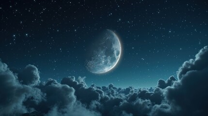  a night sky with a half moon in the middle of it and some clouds in the foreground and a bright blue sky with stars and a few white clouds in the foreground.