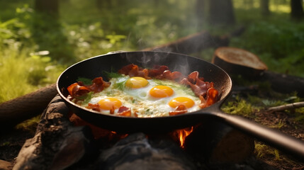 Breakfast on nature of picnic, hiking food. Scrambled egg fried on coals in pan on open fire, cook over an open fire