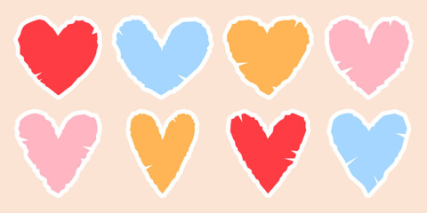 Set of colorful hearts stickers with jagged edges. Torn paper pieces collection.