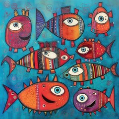 Painting of a group of fishes on a blue background