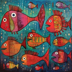 Vibrant naive fish group painting