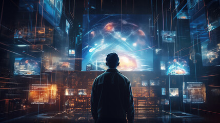 An imaginative digital artwork illustrating a holographic interface in a sci-fi setting, where data and information come to life in a mesmerizing and futuristic display.
