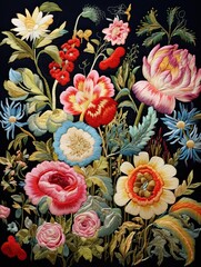 Traditional Embroidered Florals: Vintage Landscape with Flower Patterns