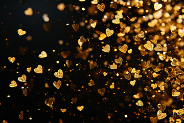 Fototapeta na wymiar Golden heart confetti cascading down a black background, dynamic and dramatic compositions, Valentine’s Day