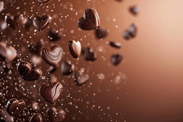 Fototapeta premium Chocolate hearts raining down against a warm brown background, dynamic and dramatic compositions, Valentine’s Day