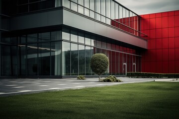 Modern geometric red wall office building on clear sky. Generate AI image - obrazy, fototapety, plakaty