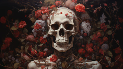 An intricately detailed oil painting, portraying a skeleton adorned with a wreath on its skull, presented as a striking and thought-provoking portrait