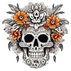 Abstract Skull with Orange Flowers and Nature Elements 