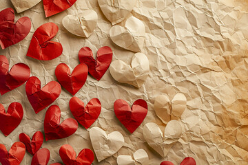 A parade of hearts marching against a vintage paper backdrop, dynamic and dramatic compositions, Valentine’s Day