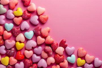 Fototapeta na wymiar An array of heart-shaped candies tumbling against a candy pink background, dynamic and dramatic compositions, Valentine’s Day