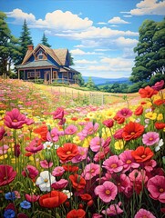 Traditional Homestead Flower Art: Farmhouse Field Painting Surrounded by Blooms