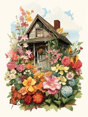 Fototapeta na wymiar Traditional Homestead Flower Art: Vintage Farmhouse Tales - Floral Reflections, Captivating Vintage Farm Prints