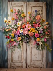Fototapeta na wymiar Traditional Homestead Flower Art Wall Decor: Wildflower Splendor at Farmhouse Doors