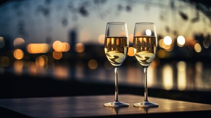 Champagne glasses on table. Romantic atmosphere. Blurred night city background. AI Generated