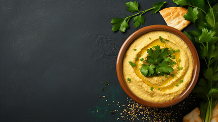 Bowl of hummus with greens and olive oil on dark background, top view, copy space - obrazy, fototapety, plakaty