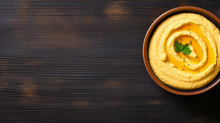 Bowl of hummus with greens and olive oil on dark background, top view, copy space