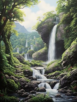 Tranquil Forest Waterfalls: Vintage Nature's Cascade Wall Art, Painting