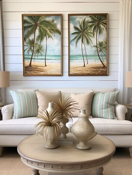 Tropical Paradise Panoramas: Vintage Painting of Golden Sand Serenity